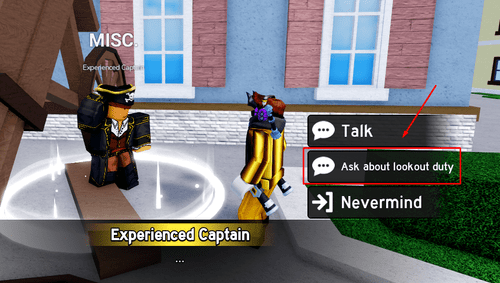 The "Ask about lookout duty" option in Blox Fruits
