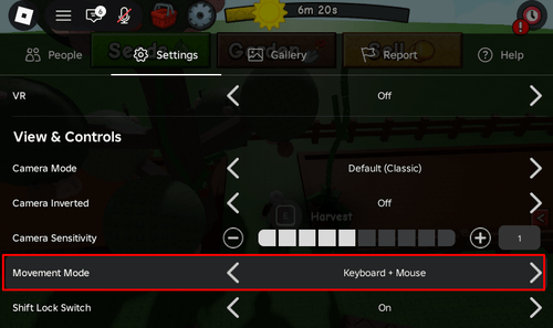 The "Movement Mode" setting in Roblox set to Keyboard + Mouse