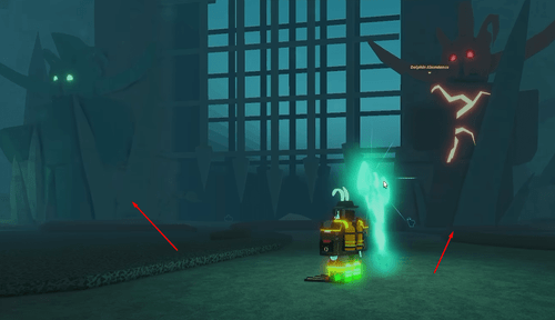 The two statues guarding the gate in Hades' layer in Fisch