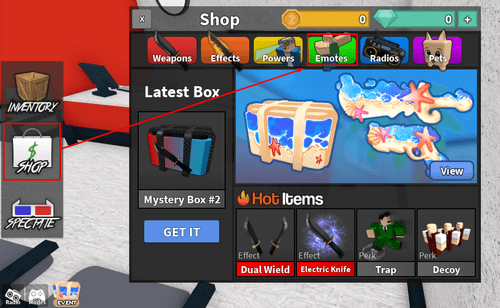 The Shop and Emotes tab in MM2