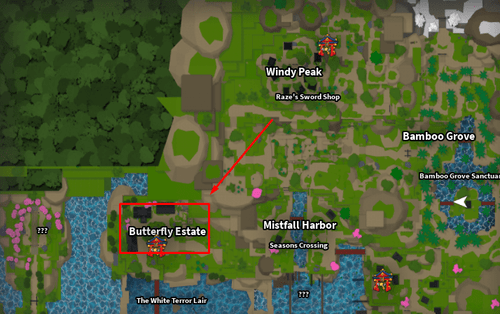 A map of Slayers 2 showing Butterfly Estate's location