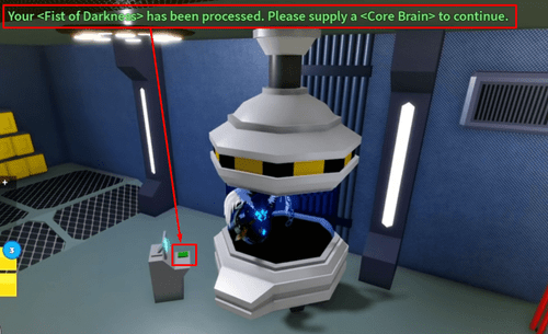 Inserting the Fist of Darkness into the machine in Blox Fruits