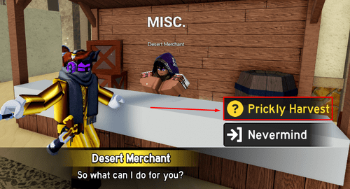 The Desert Merchant and "Prickly Harvest" option in Blox Fruits