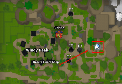 A map of Slayers 2 showing the Serpent Breathing trainer's location