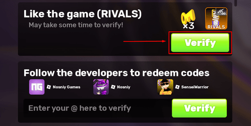 The Codes menu and "Verify" button in RIVALS