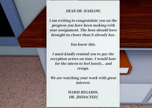 The letter addressed to Dr. Harlow in Animal Hospital