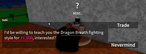 Sabi offering the Dragon Breath fighting style in Blox Fruits
