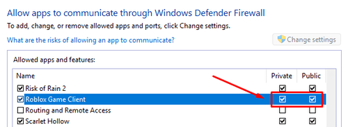 The "Private" and "Public" options checked for Roblox in the Firewall options