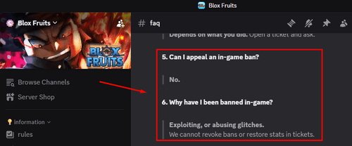 Blox Fruit's stance on bans in their Discord server