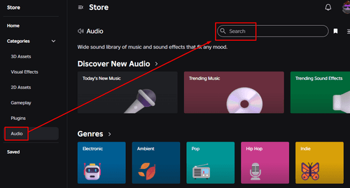 The "Audio" tab and search bar in Roblox's Creator Dashboard