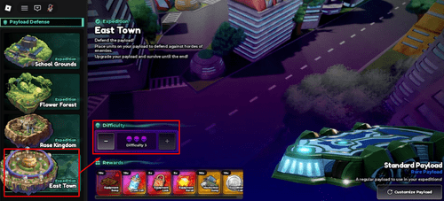 The Expedition menu with East Town Difficulty 3 selected in Anime Expeditions
