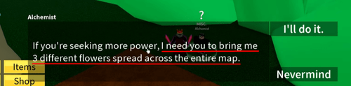 The Alchemist NPC giving the player a quest in Blox Fruits