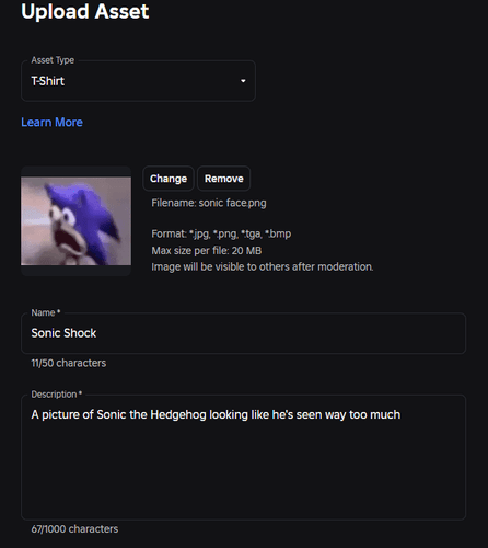An example of a T-Shirt image, name, and description in Roblox's Creator Dashboard
