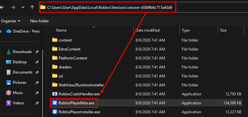 The folder containing RobloxPlayerBeta.exe and an example address bar