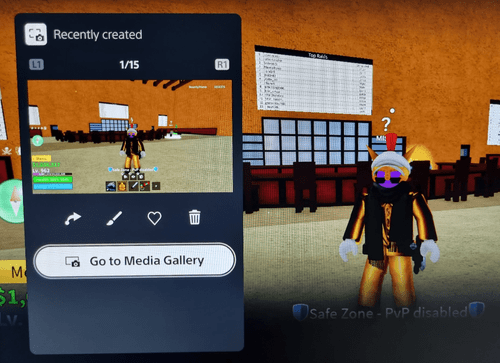 An example of the menu with the media gallery button and others on PS5 with Roblox open