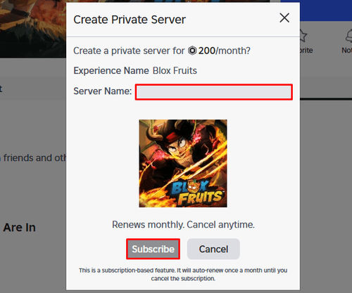 Blox Fruits enter server name and subscribe