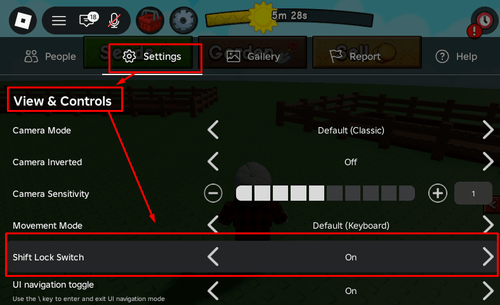 The Settings menu with both "View & Controls" and "Shift Lock Switch" highlighted