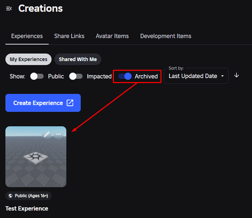 The "Archived" filter and the test experience that we just archived on Roblox