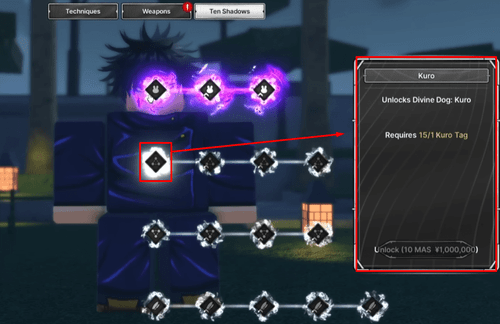 The Ten Shadows mastery tree in Jujutsu: Zero