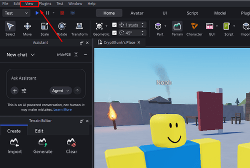 The "View" button in Roblox Studio
