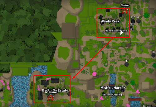 A map of Slayers 2 showing the Butterfly Estate and starting zone