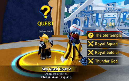 The Sky Quest Giver 2 NPC and "The old temple" option in Blox Fruits