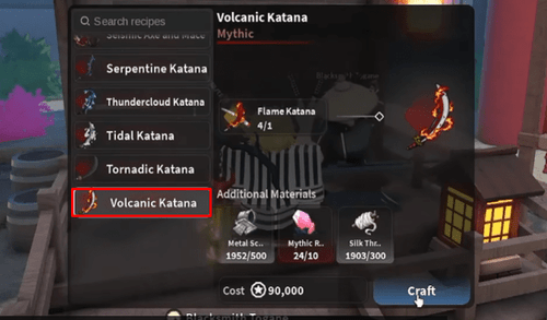 Crafting a Volcanic Katana in Slayers 2