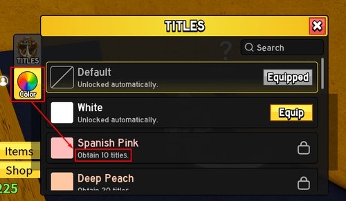 The Color option in the Title Specialist's selection and an example of unlock requirements in Blox Fruits