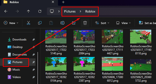 The Roblox screenshots folder on a Windows PC