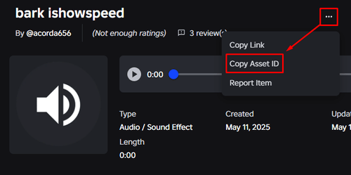 The "Copy Asset ID" button in Roblox's Creator Dashboard