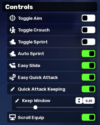 The "Controls" section of the settings in RIVALS