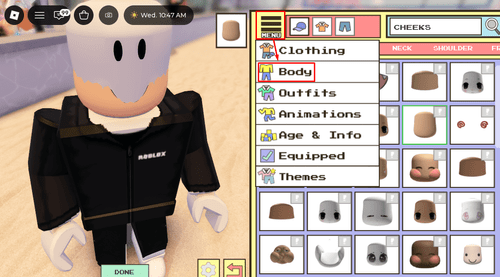 The MENU button and "Body" option in Berry Avenue