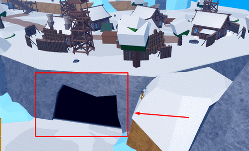 The large cave on the Frozen Village island in Blox Fruits