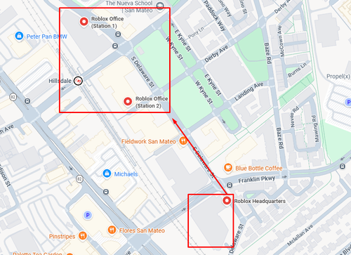 A Google Maps screenshot showing Roblox's other offices in Delaware St