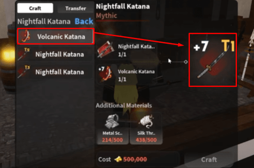 Crafting the Nightfall Katana in Slayers 2