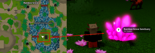 A map of Bamboo Grove and the spawn point in Slayers 2