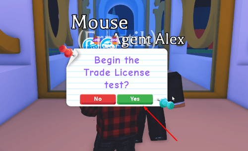 The "Begin the Trade License test?" message in Adopt Me