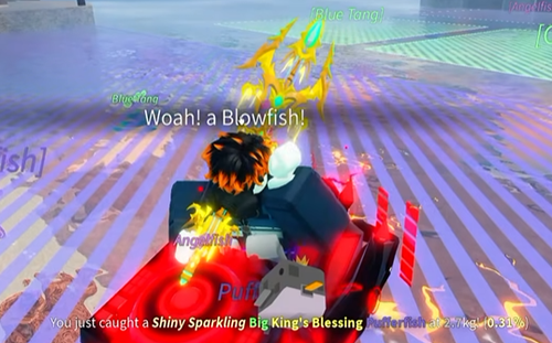 Catching a Shiny King's Blessing Pufferfish in Fisch