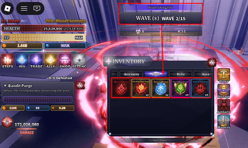 Running the Rune Dungeon and my inventory of runes in Sailor Piece