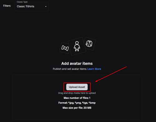 The "Upload Asset" button in Roblox's Creator Dashboard