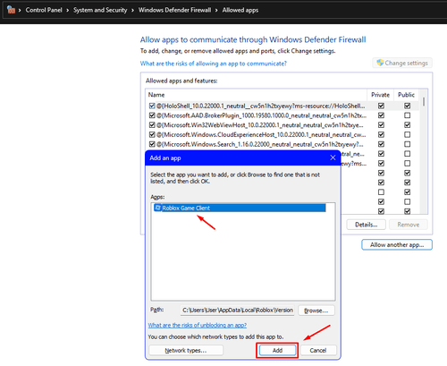 The "Roblox Game Client" being added as an allowed app in the firewall