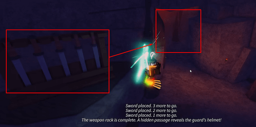 The weapon rack and secret passage in Fisch