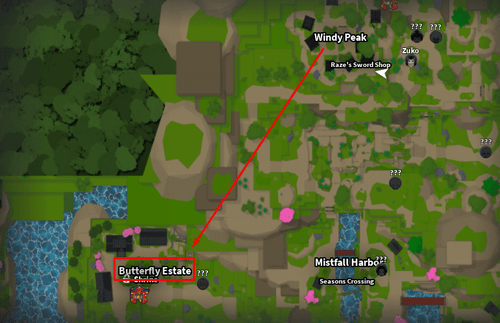 A map of Slayers 2 with Butterfly Estate marked