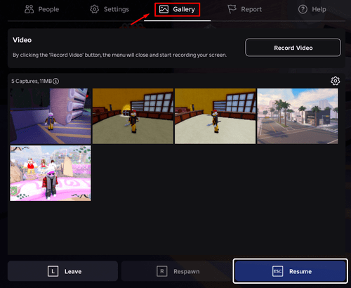 The Gallery button in Roblox