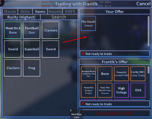 An example of the Trade Menu between two players