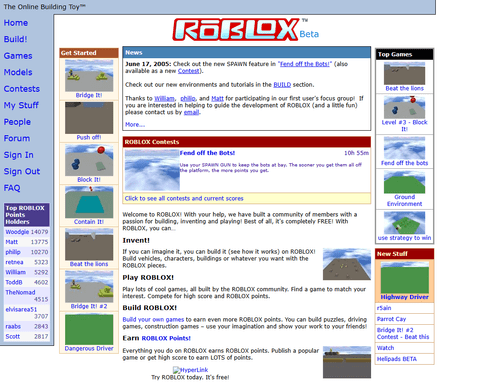 A snapshot of Roblox's website in 2005