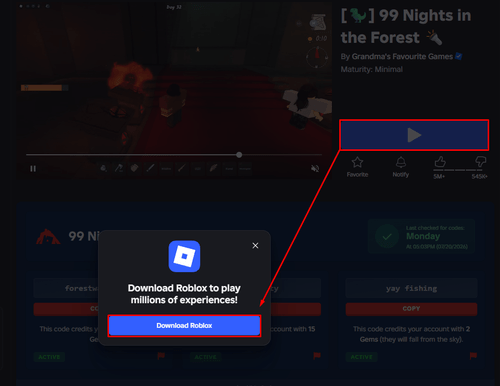 99 Nights in the Forest's game page on Roblox with the download button on screen