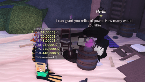 Merlin selling Enchant Relics in Fisch