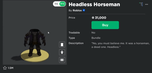 The Headless Horseman's page in the Roblox marketplace