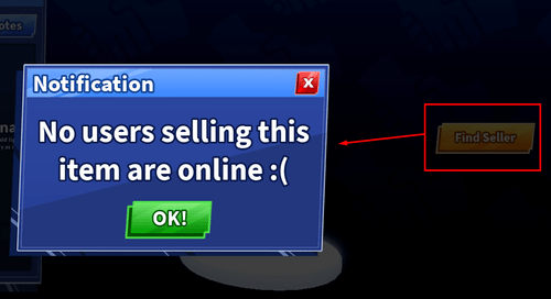 The "Find Seller" button and resulting notification in Blade Ball